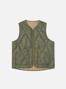 Universal Works Reversible Military Liner Gilet In Olive/Sand Diamond Quilt