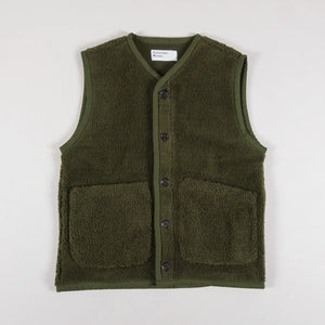 Universal Works Lancaster  Gilet in Mountain Fleece Olive 31706