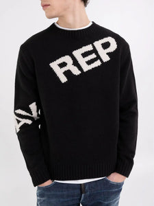 Replay Wool Blend Sweater with Jacquard Logo