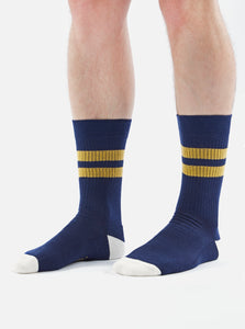 Universal Works Sport Sock Navy with Yellow Stripes